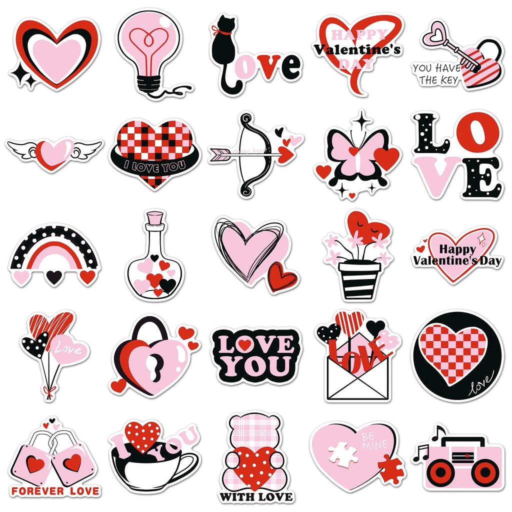 50 Black Pink Valentine's Day Graffiti Stickers: Sweet, Cool, Creative, Waterproof Decor for Journals, 50 Sheets.