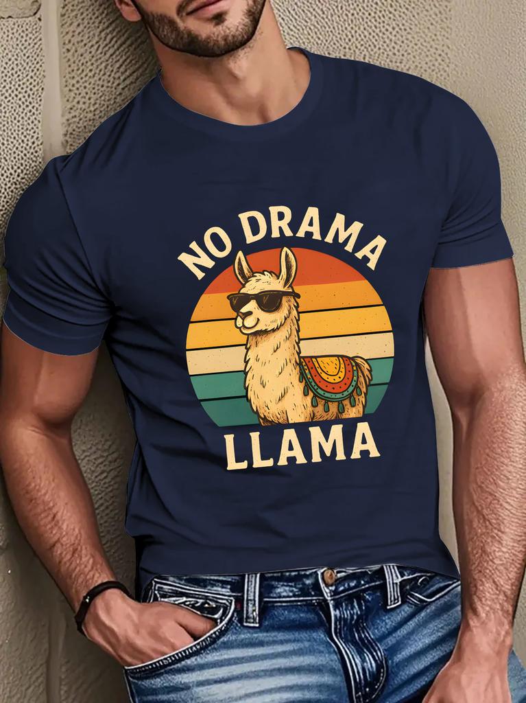 Unisex Black Crew Neck Tee Vintage Rainbow Sunset Circle Cool Sunglass Llama No Drama Llama Humorous Animal Graphic Cotton Tops