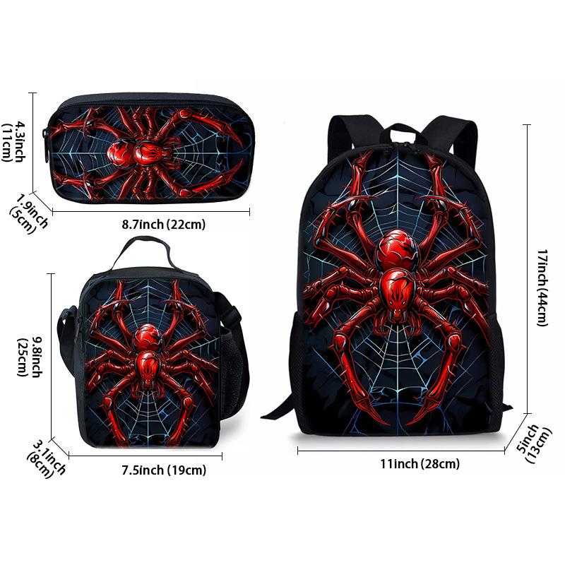 3D Spider Printed Children School Bag 3PCS Set Backpack with Meal Bag and Pencil Case for Boys Girls