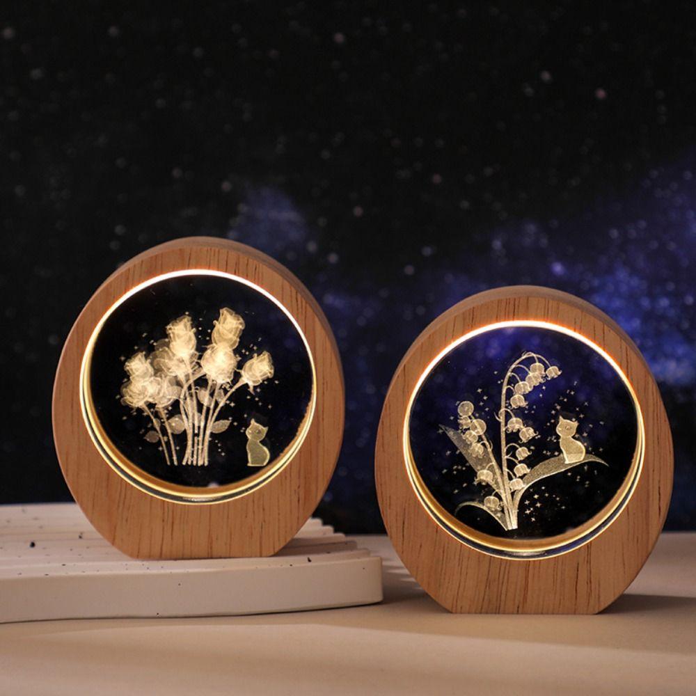 Creative 3D Night Light Wooden Base USB Powered Crystal Desktop Ornament Inner Carving Desktop Decoration Table Decoration