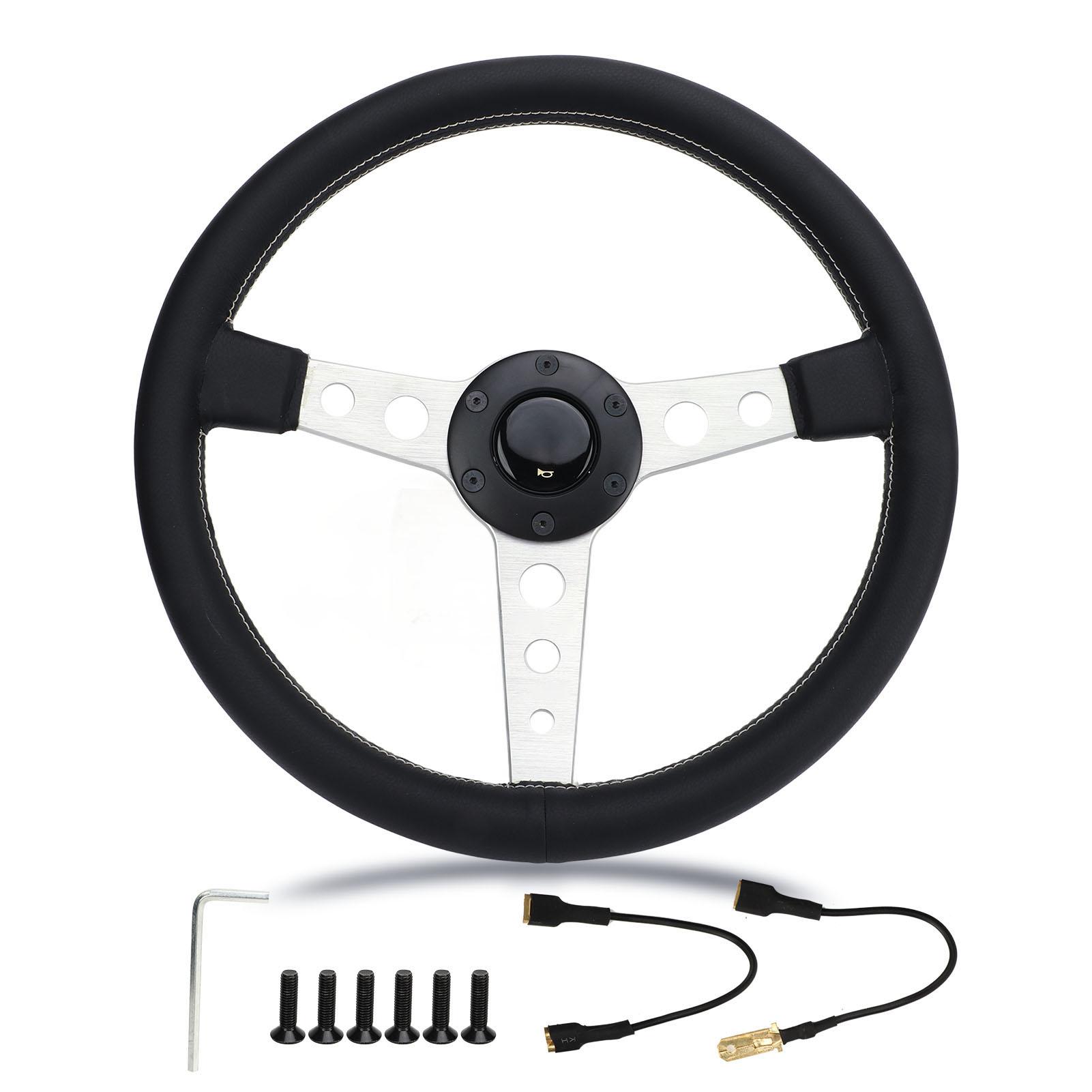 Neoglint Unisex White/Silver 14In Steering Wheel Leather Inner Stitching Frame Aluminum Alloy Spokes Universal For Car Vehicle