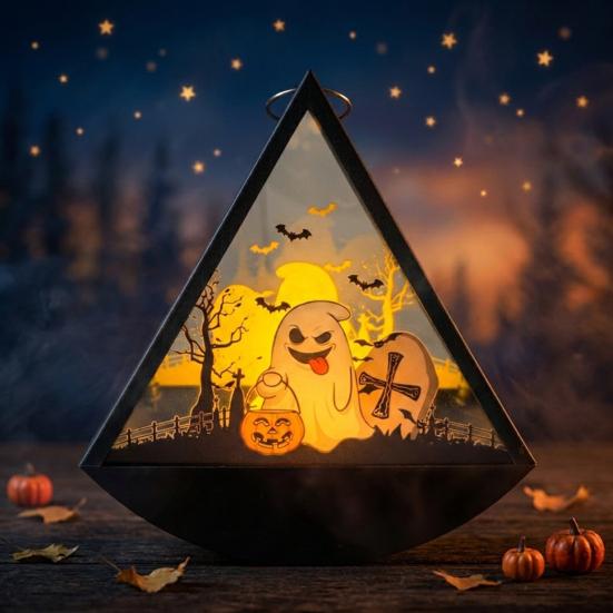 Decorative Lights for Home Halloween Triangle LED Lantern, Tumbler Shape Night Light with Witch Ghost Unique Decorations Pumpkin, Battery Operated