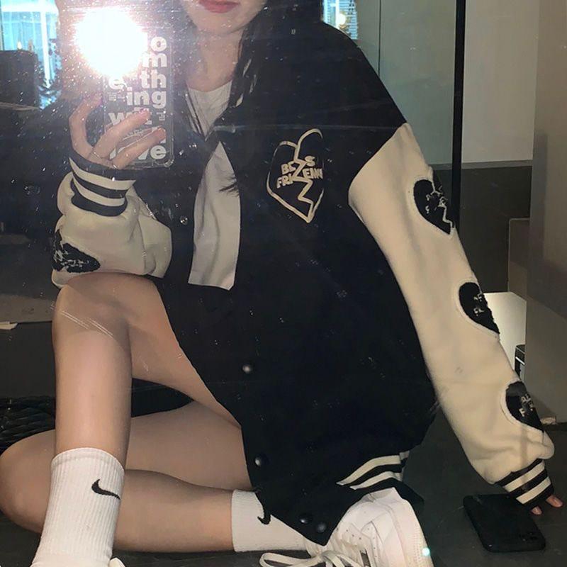 Dámská podzimní/zimní 2025 barevně blokovaná baseballová bunda volného střihu - Trendy BF ležérní styl