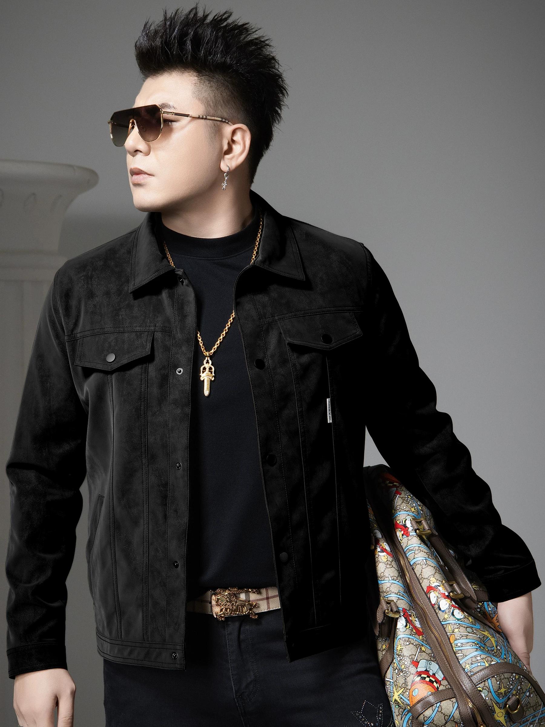 European Trendy Brand Pocket-Decorated Lapel Leather Jacket Men s Motorcycle Jacket 2025 Autumn New Leather Jacket Men s Clothing 2XL чёрный