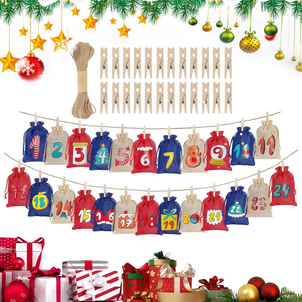 Leere Kalender Adventsbeutel Weihnachten Countdown Wiederverwendbar 24-Tage Leere Kordelzugbeutel Mit Nummern Für Hochzeit Feiertag Geburtstag