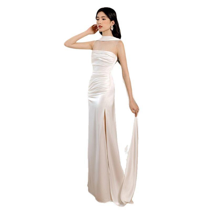 1011 French light wedding dress bride white simple and thin dress bar mitzvah banquet satin morning gown dress women