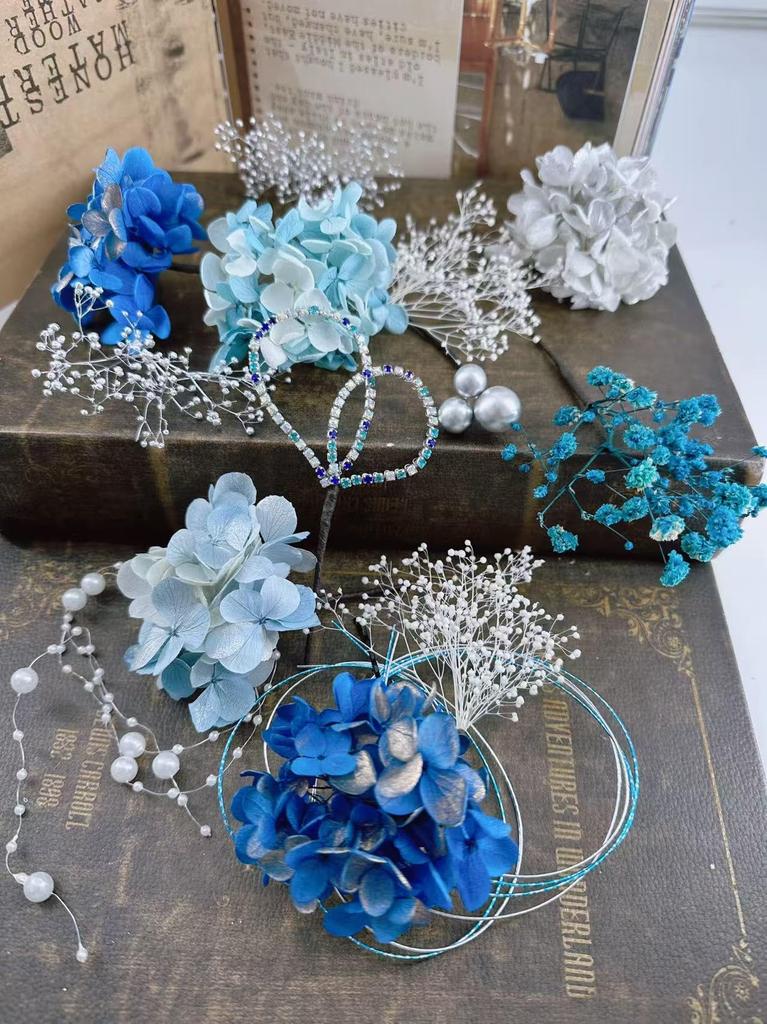 Hair Ornament for and and Gold Coming-of-Age Ceremonies, Graduations, Weddings Hydrangea, Baby's Breath, Pearl, Mizuhiki, Blue, White, Silver,