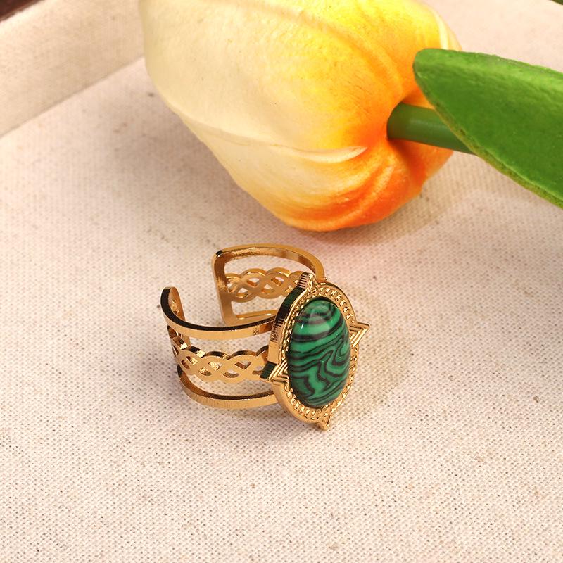 Adjustable Gold-Plated Stainless Steel Open Ring with Stone – Versatile Retro Jewelry