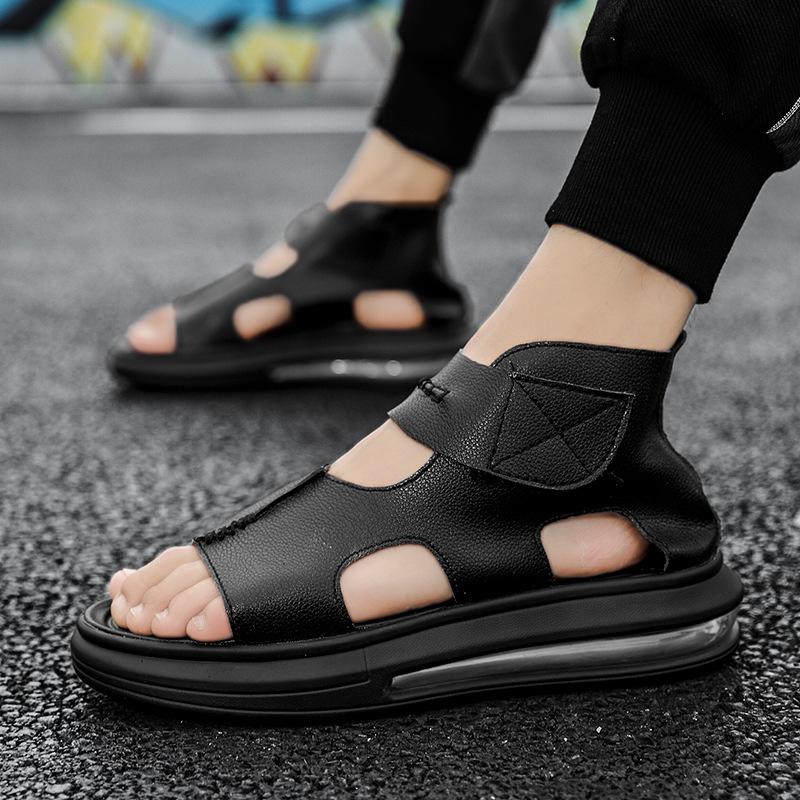 

2025 summer new men s imitation leather ice feeling hollow breathable open-toed Roman sandals soft-soled casual beach shoes 44