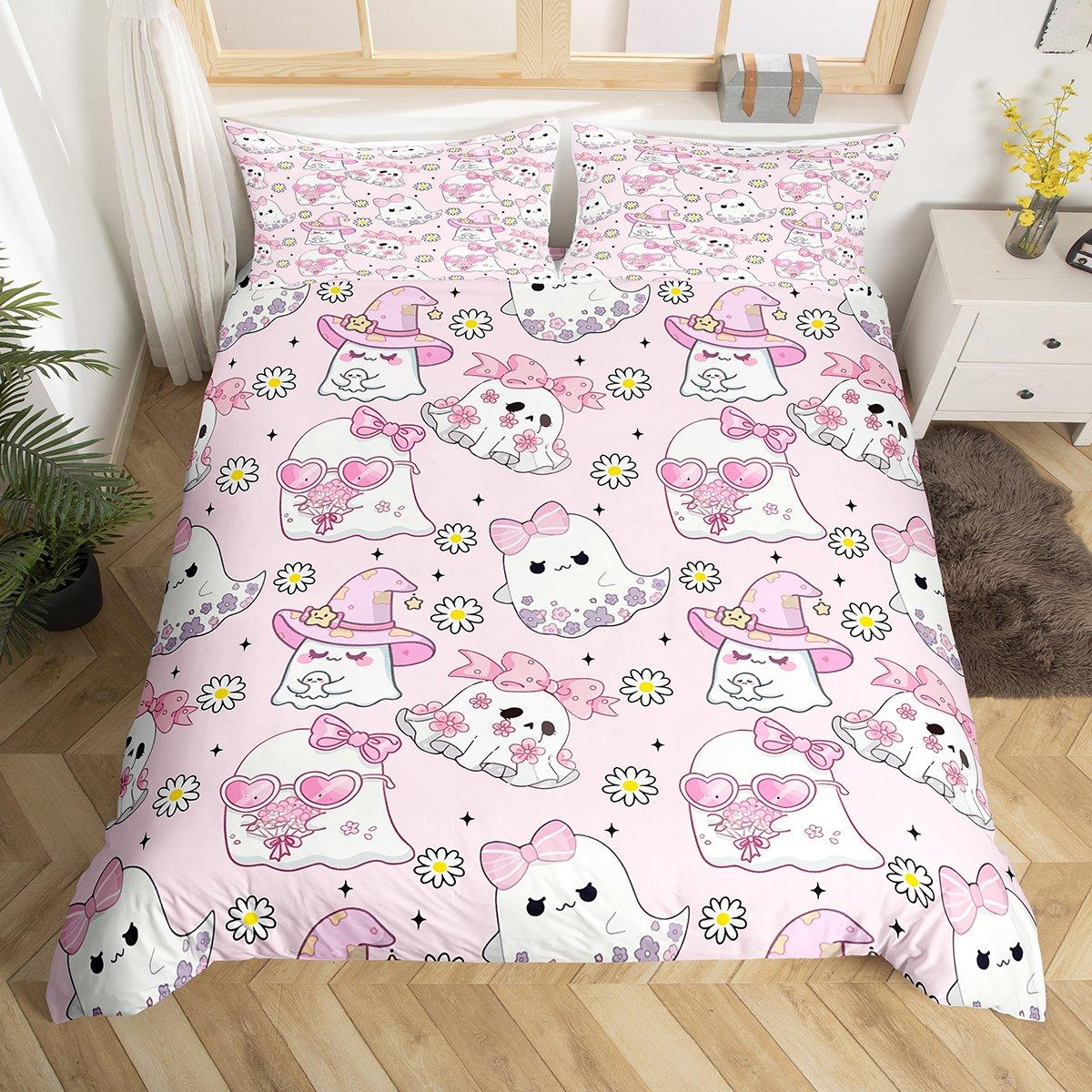 

Homewish Girly Pink Ghost Duvet Cover Set For GirlsKawaii Princess Bowknot Bedding SetCute Flower Floral Bed Set EU Single(135*200cm)3pcs