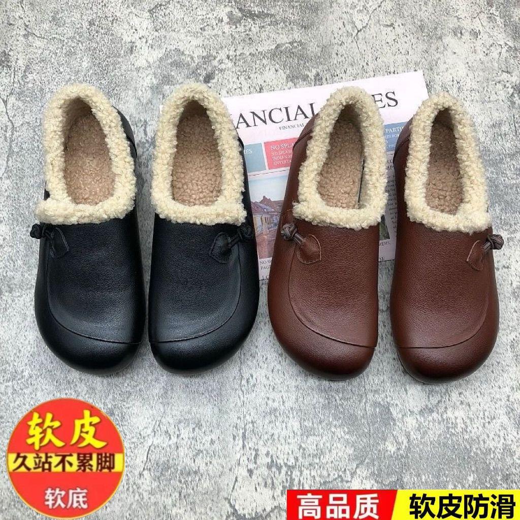 New Chinese-style real soft leather winter women's cotton shoes 2025 new winter outer wear beef tendon soft sole velvet one-pedal shoes
