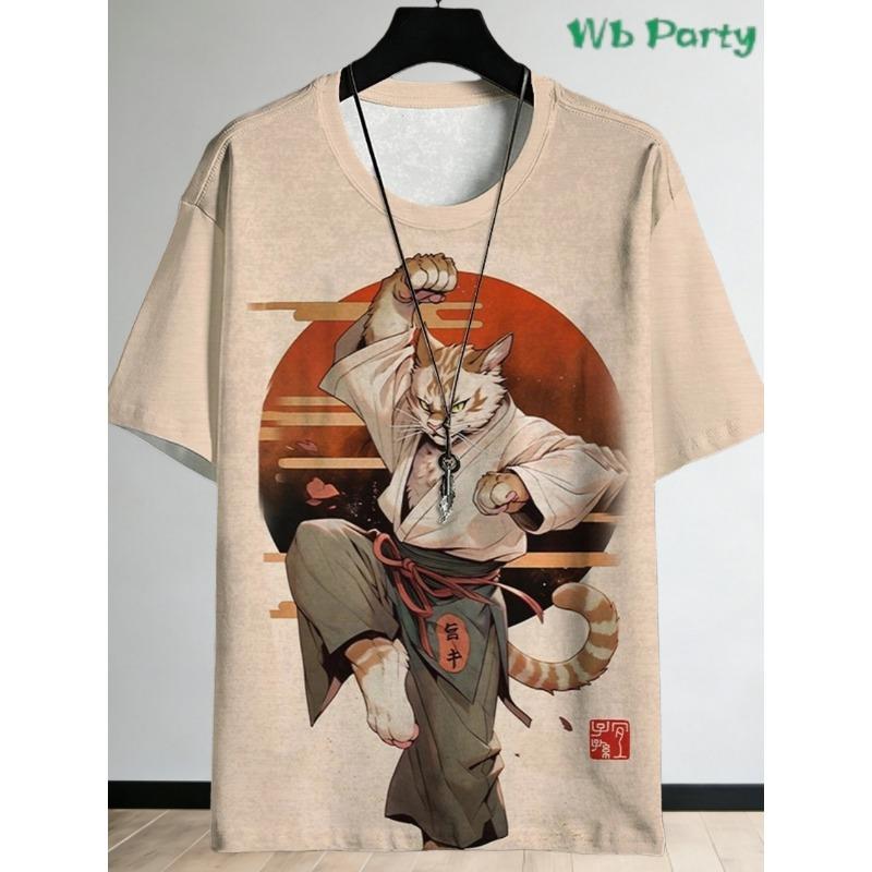 Japanese Samurai Cat 3D Printed T-Shirts for Men Short Sleeve Tee Casual Loose Harajuku Men's Clothing Oversized T-Shirt Tops