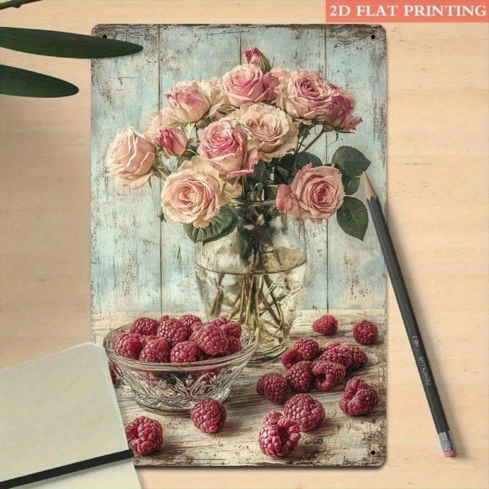 Metal Poster One Piece Romantic Roses Raspberries 3D Visual Effect Wall Art Living Room