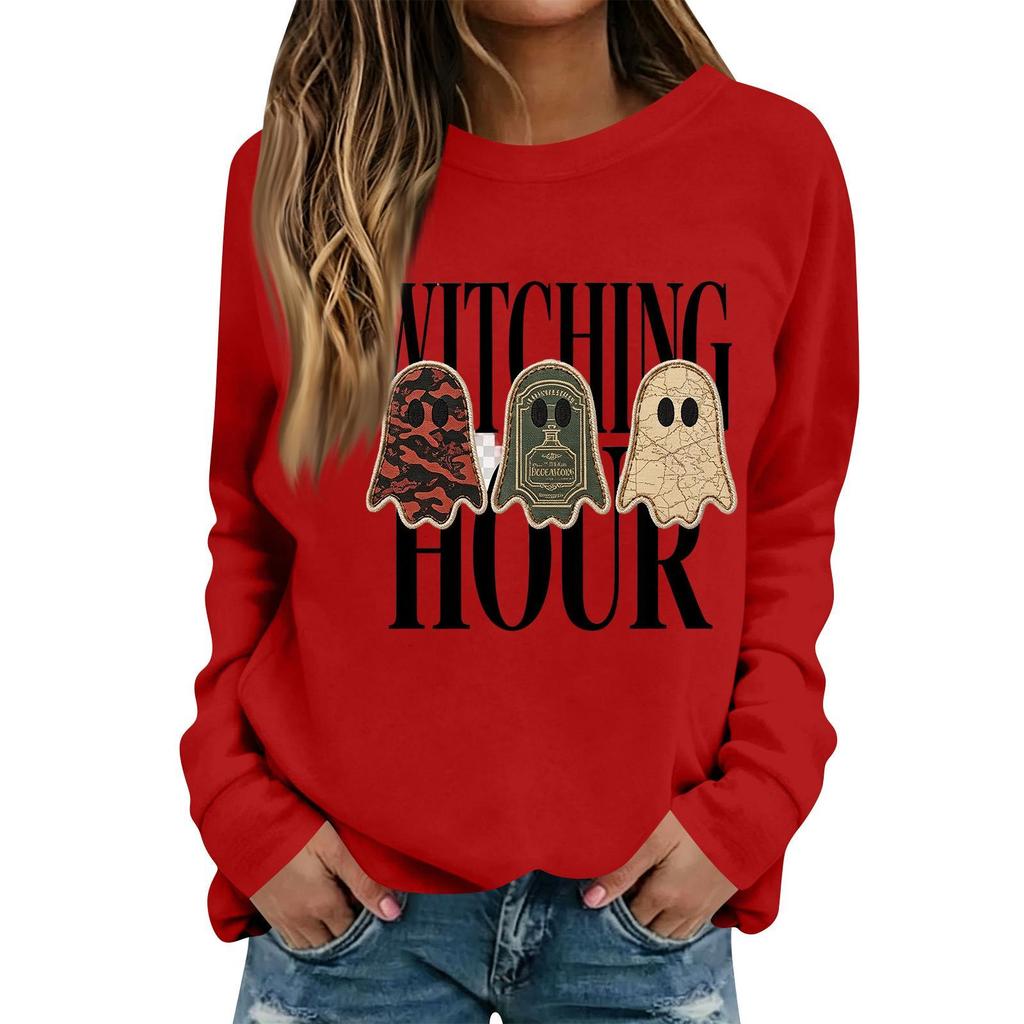 Women's Casual Halloween Print Long Sleeve Crewneck Top for Fall Party and Everyday Wear