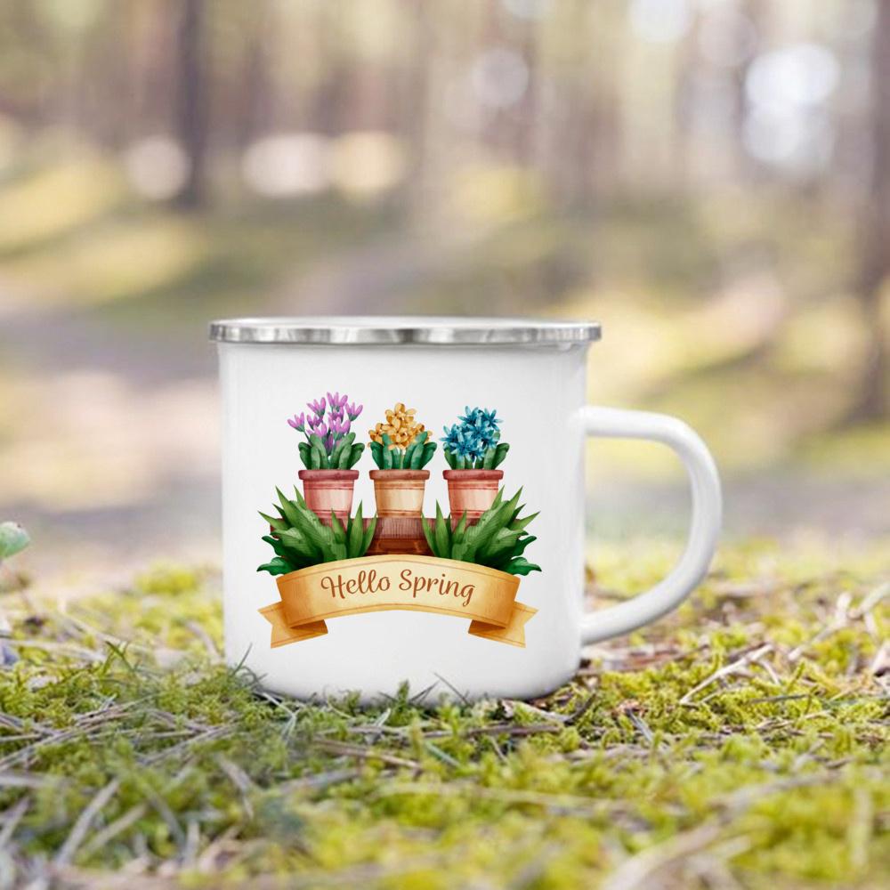 

Привет, весна, эмалированная кружка для кемпинга, лучшие оригинальные и забавные подарки, чашка с ручкой для напитков, сока, воды, десерта, какао, молока 360ml