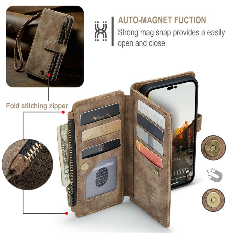 CaseMe Flip Leather Phone Case For iPhone 17 Pro Max 16 Plus 15 14 13 12 11 XS XR X Samsung S26 S25 FE S24 Ultra S23 S22 S21 Zipper Wallet Cards Cover