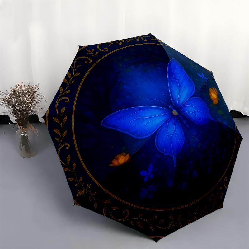Blue Butterfly Garden Round Rug - Elegant Floral Design for Your Home DecorUmbrella, Portable 3-Fold Compact Umbrella for Men & Women Gift