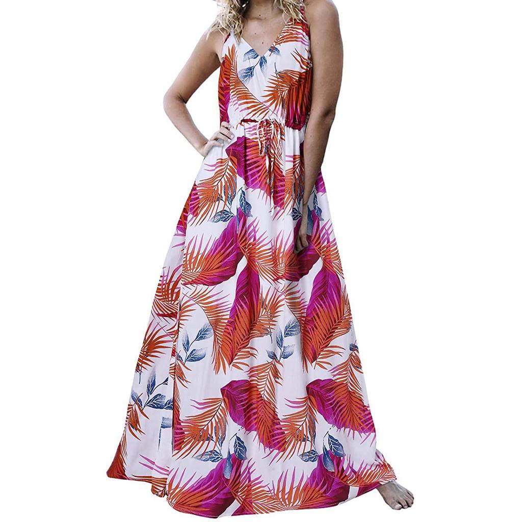 Ladies Fashion Elegant Dress With Printed Suspenders And Floor-Length Skirt