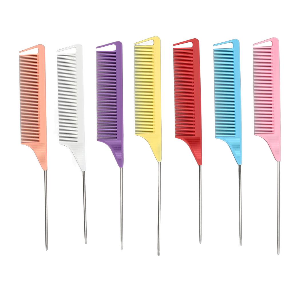 7 Colors Rat Tail Comb Set Fine Tooth Hairdressing Stainless Steel Pintail Heat Resistant Tail Parting Comb