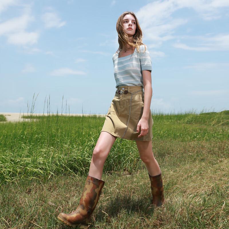 

Женский вязаный топ с короткими рукавами и квадратным вырезом в полоску Санкай M (160/84A)