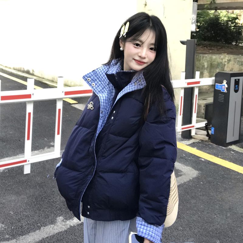 Winter Loose Plaid Patchwork Cotton Coat Women Double Layer Collar Puffer Jacket