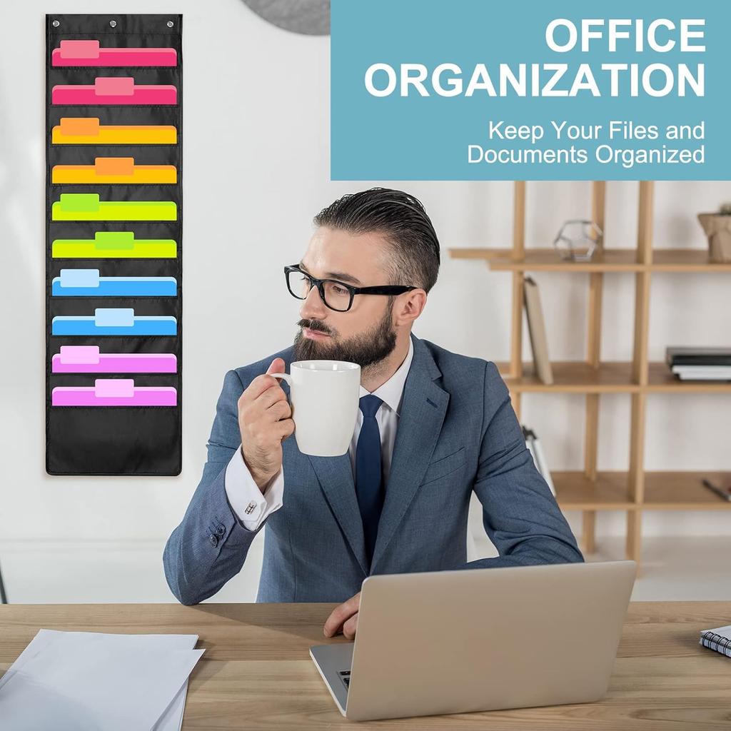 Geyee 4 Pack Hanging Wall File Organizer, Storage Pocket Chart, over Door Hangers Included, Hanging Wall Paper Organizer for File Folders, Classroom