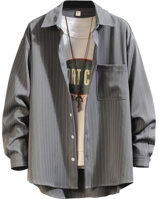 [Bligo] Men's Long-Sleeve Shirt, Spring/Autumn Wear, Striped, Plus Sizes, Oversized, Comfortable, Lightweight Blouse, Gray - 5XL
