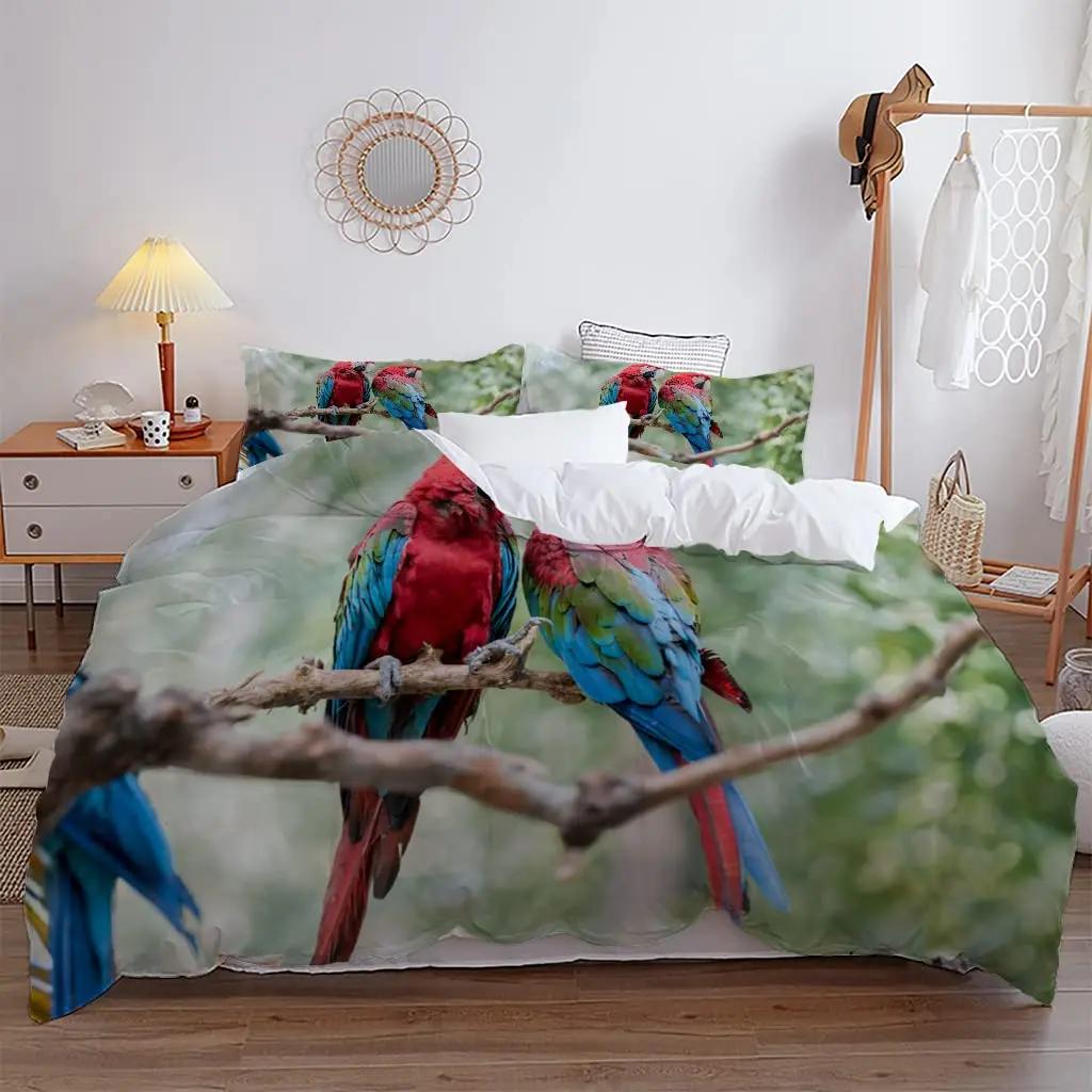 Lunarable Papageien Bettbezug Realistisch aussehende Vögel auf Ästen Wellensittich und Ara Tropische Wildtiere Zimmer Dekoration für Erwachsene