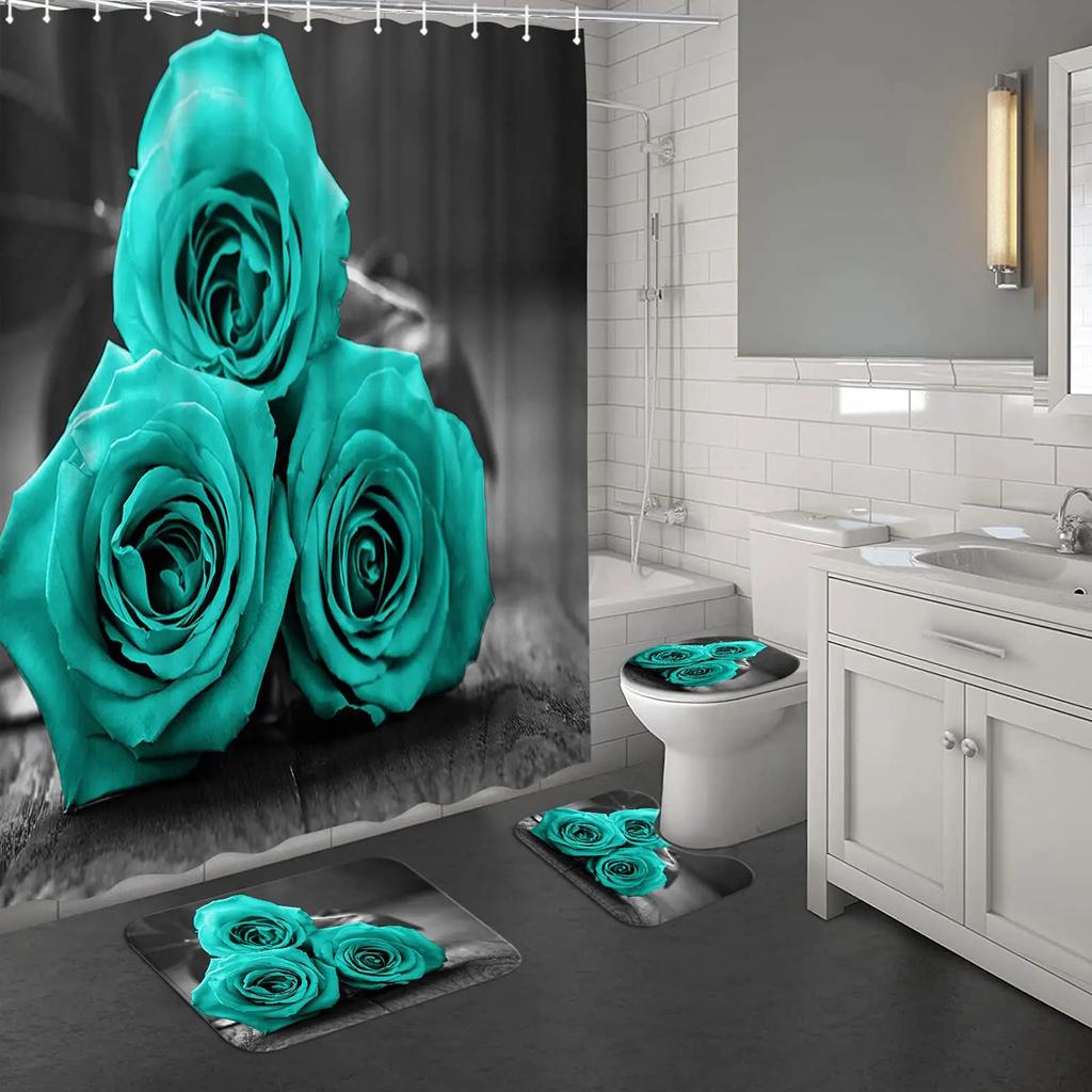 Blue Rose Flowers Waterproof Bathroom Shower Curtain Set Polyester Toilet Seat Cover Bath Nonslip Mat Rug Carpet Home Decor