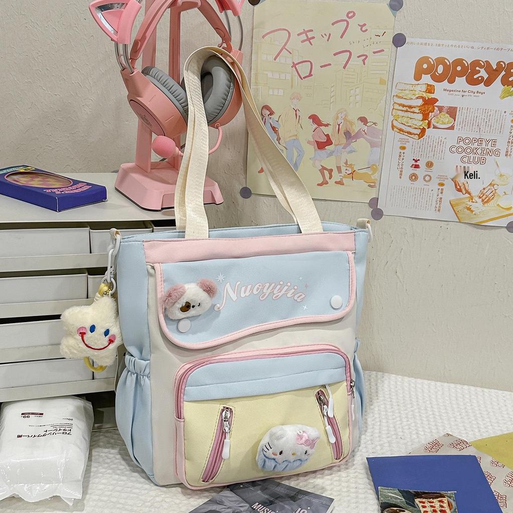 Japanese-Style Color-Block Tote Bag for Students: Lightweight, Large Capacity, Single-Shoulder Design