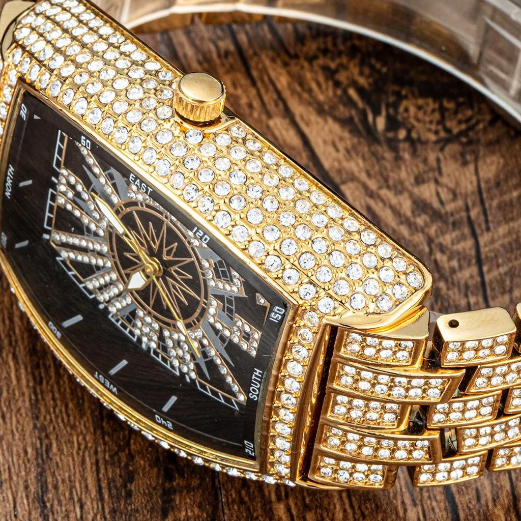 Luxury Mens Watches Fashion Hip Hop Iced Diamond Waterproof Tonneau AAA Quartz Wristwatch Male