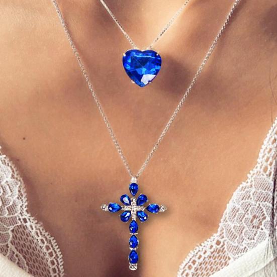 Women Two Layer Cross Heart Full Rhinestones Pendant Necklace Chain Jewelry Gift