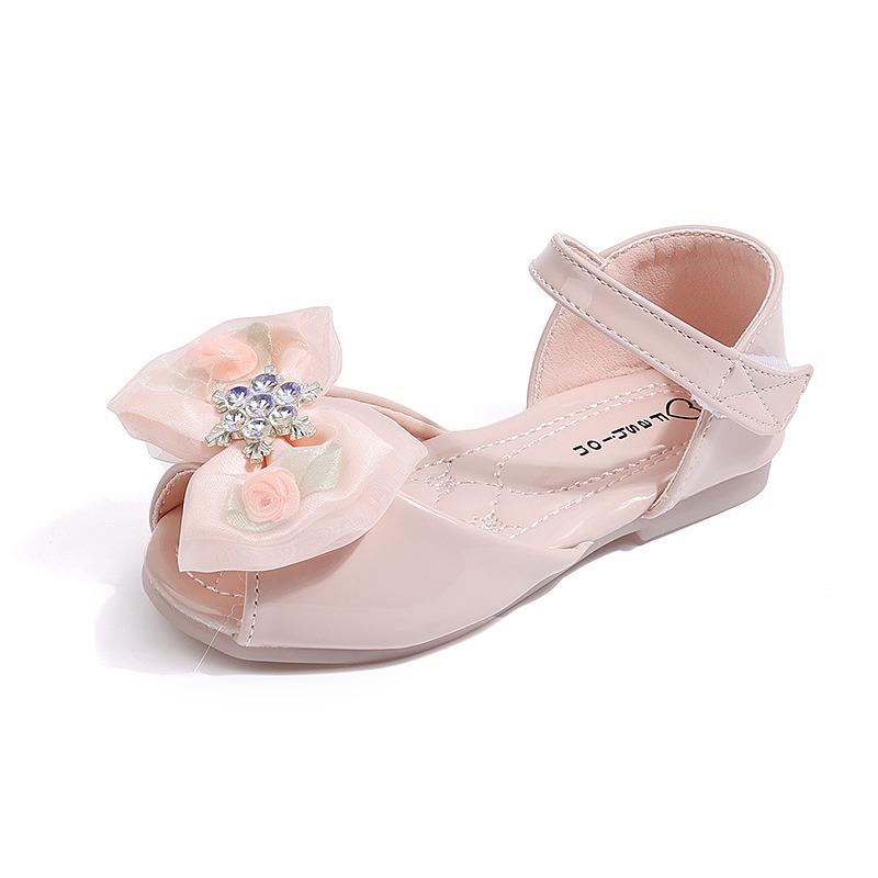 Girls' Rose Ribbon Bow and Rhinestone-Decorated Patent Leather Soft-Sole Princess Shoes / Fish-Mouth Children's Princess Sandals