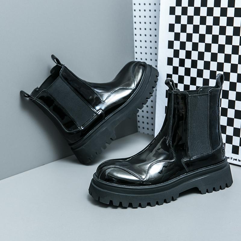 Business Patent Leather Fashion Boots Mid-Calf Thick Bottom Ankle Boots Street Style Dress Leather Boots Men's Round Short Boots