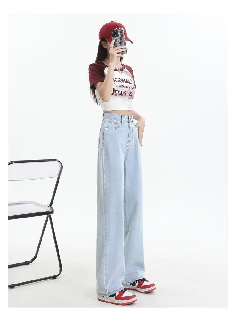 Damen Jeans mit hohem Bund und geradem Bein Lässige Weitbeinige Jeans Hose Casual Nicht-Stretch Lange Hose
