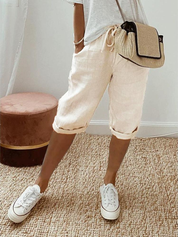 Thickened Fabric Women's Cotton Linen Pocket Elastic Casual Pants Women's Pants Quarter Pants