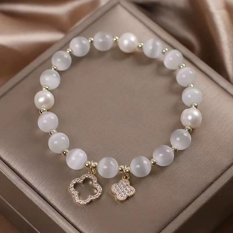 1PC Elastic Cat's Eye Stone Bracelet Pearl Elastic Bracelets Jewelry Charm Gift Zircon Bracelet for Women