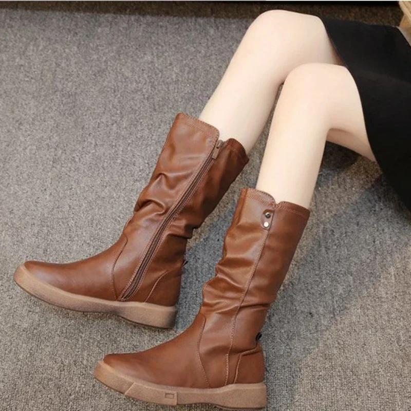 Fashion Women's Ankle Boots Side Zipper Mid Calf Thick Sole Boots Soft PU Leather Boots Fashion Womens Shoes Versatile Zapatos De Mujer