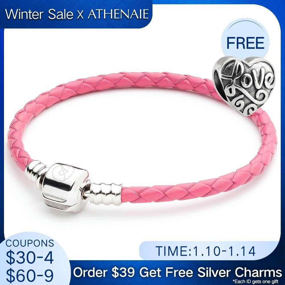 

Athenaie Rose Red Single Braided Leather 925 Sterling Silver Charm Bracelet Fit Fit All European Charm Bulbs