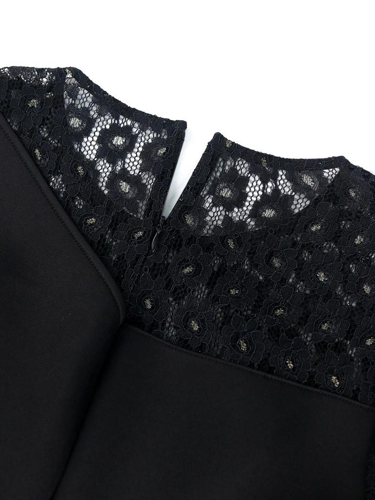 Czarna sukienka o linii A, dekolt w kształcie litery O, długi, koronkowy rękaw, wysoka talia, plisowana do kolan, wieczorowa, urodzinowa, koktajlowa suknia balowa