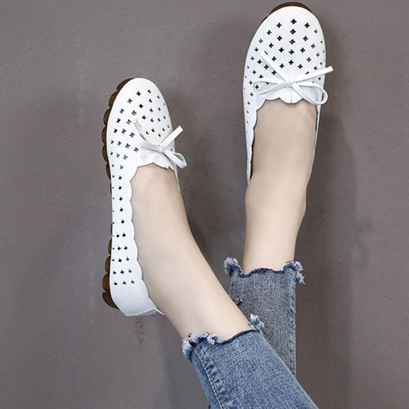 Comfortable Soft Sole Flat Single Shoes Breathable Hollow Bow Design Women's Casual Work Shoes Artificial Soft Leather Shallow Mouth Slip-on