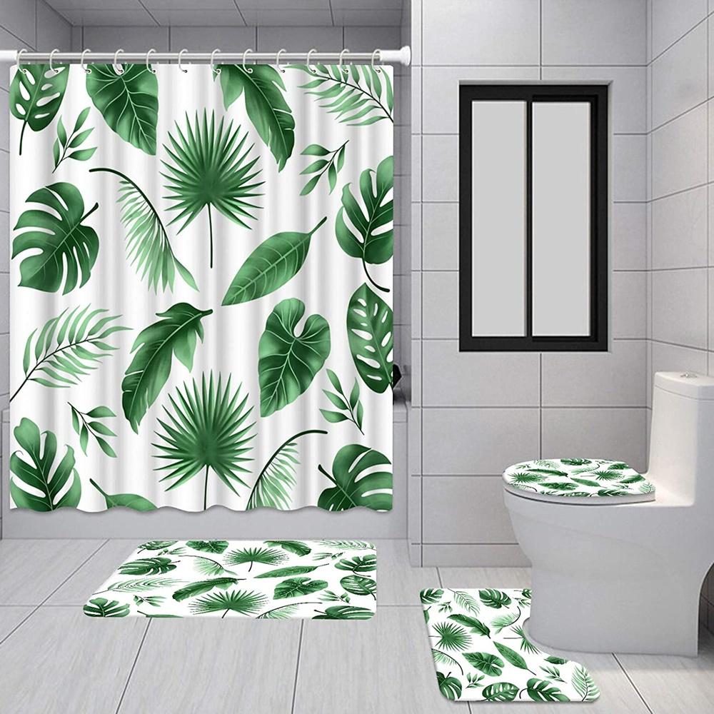 Green Leaves Shower Curtain Sets Spring Rural Plant Flower Bathroom Curtains Non-Slip Toilet Lid Cover Rug Baths Mats Home Decor