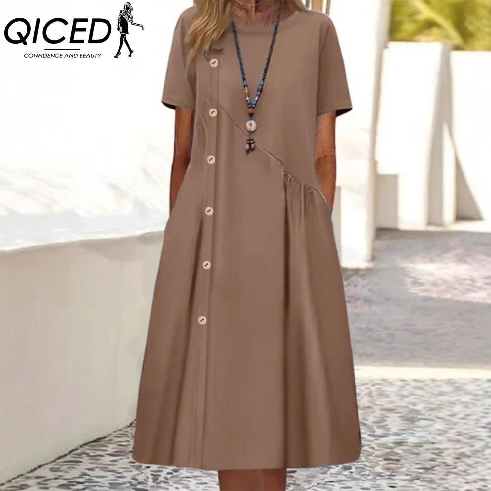 

QICED женские модные летние весенние однотонные повседневные платья с коротким рукавом и круглым вырезом с высокой талией и принтом XXXXL темно-коричневого