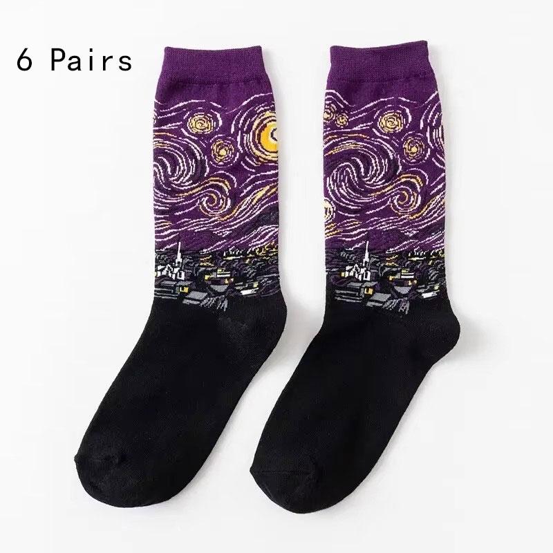 1/2/6 Pairs Men Retro Abstract Art Socks Shout Modern Van Gogh Starry Night Happy Oil Painting Comfort Skateboard Sock