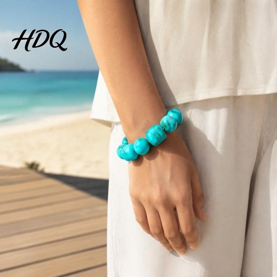 Retro Quadratische Runde Perlen Armreif Armband für Damen Herren, Blaue Simulationssteine Kratzfeste Acrylperlen Armbänder, Elastisches Dehnbares Klobiges Einzigartiges