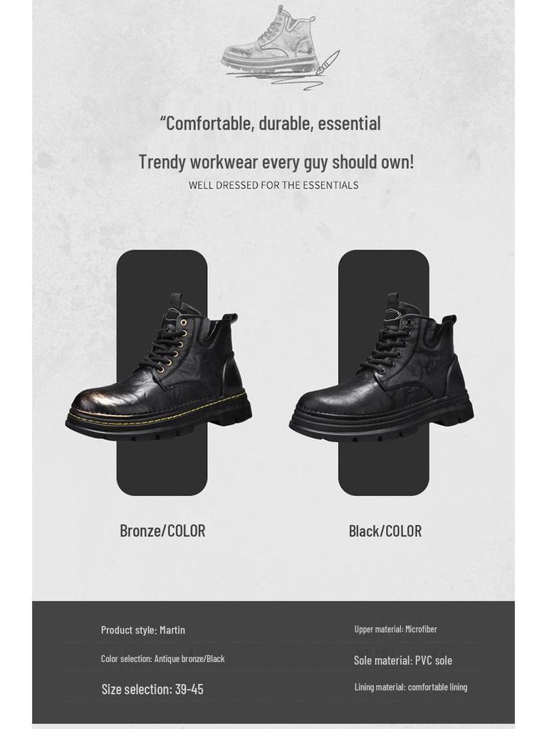 Herren Retro Martin Stiefel: Echtleder, Höhenvergrößernd, Dicksohlig, Mid-Top, Distressed Outdoor-Arbeitsstiefel