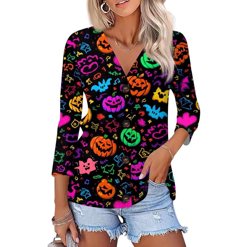 Damenmode Lässiges bedrucktes Button-Down-Hemd 3/4 lange Ärmel Oberteile