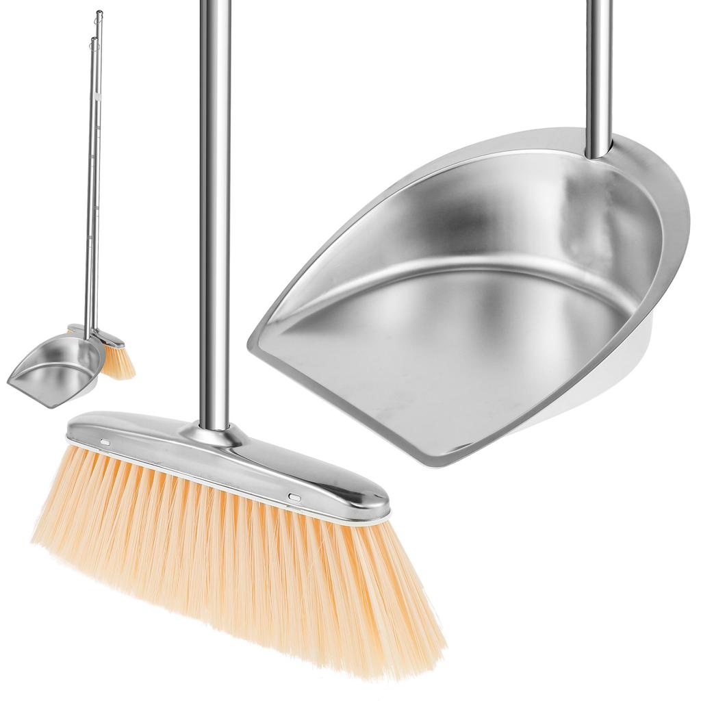 Stainless Steel Broom Dustpan Set Plastic Upright Broom Dustpans with Long Handle Heavy Duty Dustpan Broom Combo Set Portable