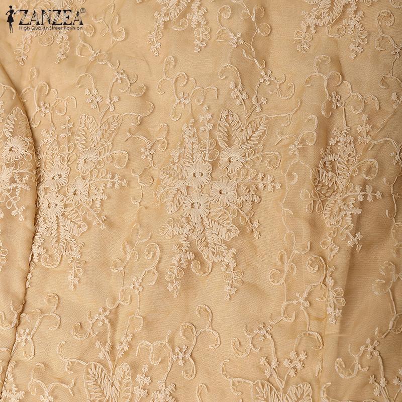 ZANZEA Women Casual Round Neck 3/4 Sleeve Loose Lace Patchwork Blouse