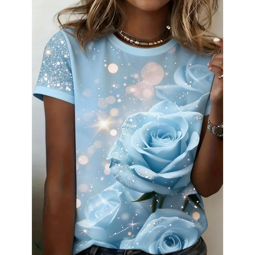 Damer Sommar Blommor Enkel Rosmönstrad Stor Lös Casual T-shirt Trendig Bekväm Mjuk Andningsbar Kortärmad T-shirt